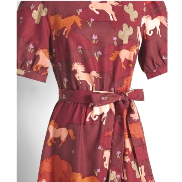 🏷️MODCLOTH PRINCESS HIGHWAY Equestrian Puff Sleeve Linen Cotton Midi Dress Sz 8 - Picture 2 of 13